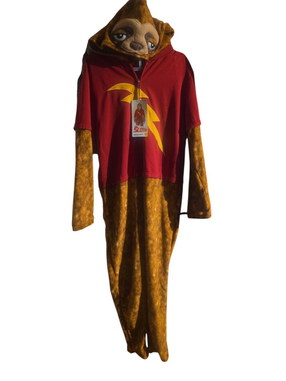 Sloth Onesie Costume - Red T Shirt With Brown Hooded Jumpsuit NWT Never Worn Lrg